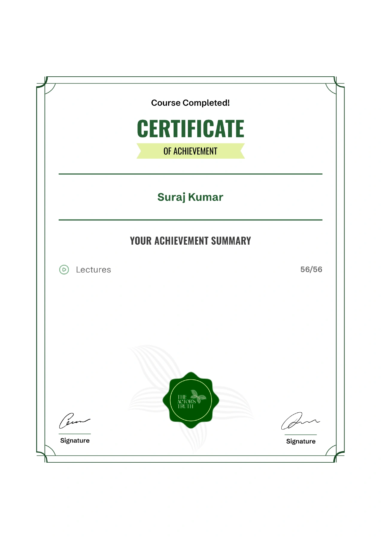 The Actor’s Truth certificate of achievement for Suraj Kumar, with 56 of 56 lectures completed